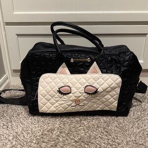 Betsey Johnson Black and Cream Cat Face Travel Bag